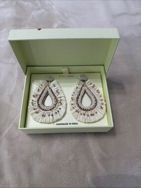Pink Linen White Teardrop Fringe Earrings with Gold Accents